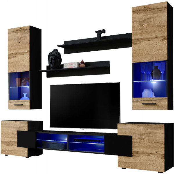Pan Igiełka - Meblościanka do Salonu LED RGB Czarny Dąb Wotan, Zestaw Mebli 756667