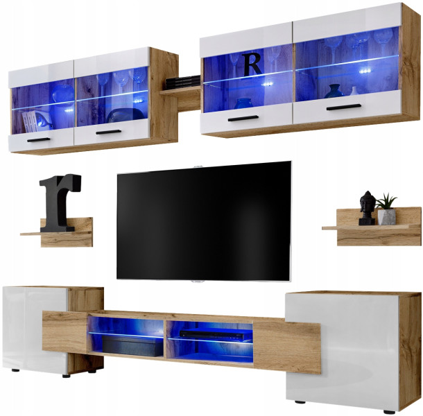 Pan Igiełka - Meblościanka do Salonu LED RGB Dąb Wotan Biały, Zestaw Mebli 806602