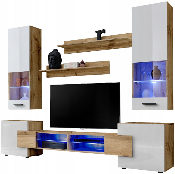 Pan Igiełka - Meblościanka do Salonu LED RGB Dąb Wotan Biały, Zestaw Mebli 756665