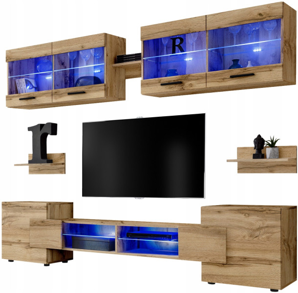 Pan Igiełka - Meblościanka do Salonu LED RGB Dąb Wotan, Zestaw Mebli 806592