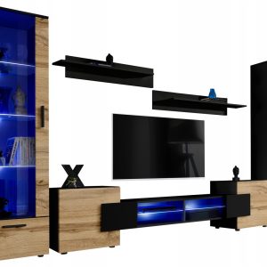 Pan Igiełka Meblościanka LED Czarny Biały Dąb Wotan 5 Elementów Salon 340998 Pan Igiełka Meblościanka LED Czarny Biały Dąb Wotan 5 Elementów Salon 340998