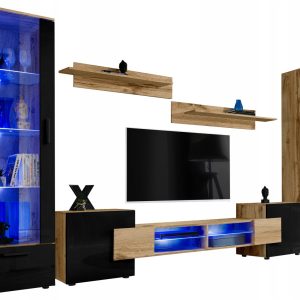 Pan Igiełka Meblościanka LED Czarny Biały Dąb Wotan 5 Elementów Salon 340994 Pan Igiełka Meblościanka LED Czarny Biały Dąb Wotan 5 Elementów Salon 340994