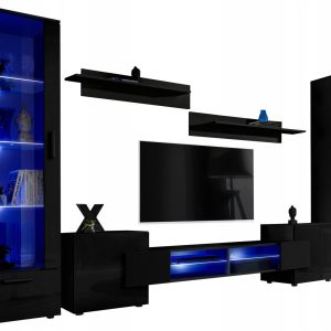 Pan Igiełka Meblościanka LED Czarny Biały Dąb Wotan 5 Elementów Salon 341006 Pan Igiełka Meblościanka LED Czarny Biały Dąb Wotan 5 Elementów Salon 341006