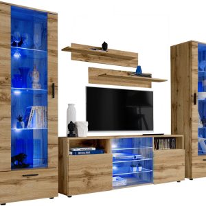 Pan Igiełka Meblościanka LED RGB Czarny Biały Dąb Wotan Zestaw Mebli 341865