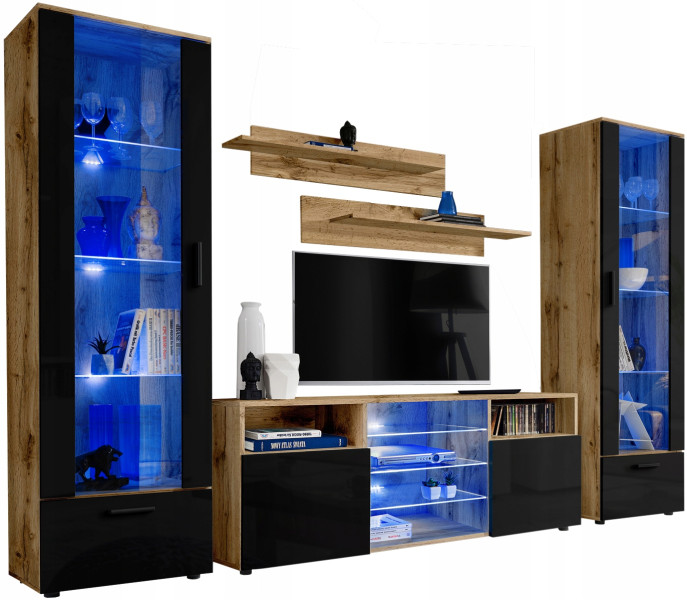 Pan Igiełka Meblościanka LED RGB Czarny Biały Dąb Wotan Zestaw Mebli 341882