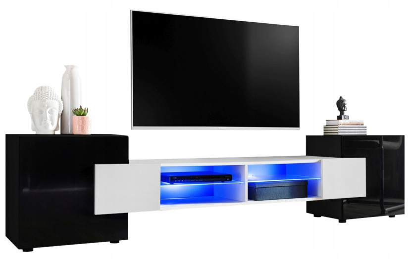 Pan Igiełka Szafka RTV Blue LED Połysk Mat Czarny Biały Dąb Wotan Loft 341846