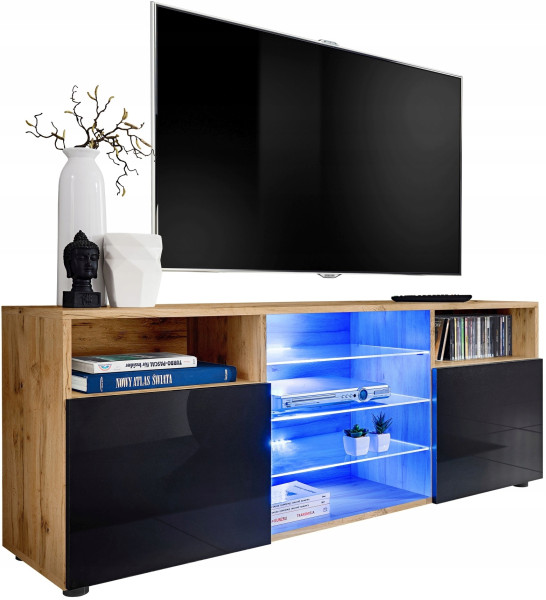 Pan Igiełka Szafka RTV LED Czarny Biały Dąb Wotan Połysk Mat Blue LEDs 341830