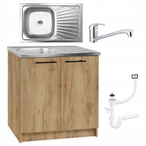 Szafka Kuchenna Zlewozmywak Dąb 80 cm Stojąca + Bateria Obrotowa + Syfon 964160
