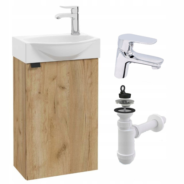 Szafka Łazienkowa 40 cm z Umywalką Wisząca Dąb Craft Złoty Bateria Chrom 823317