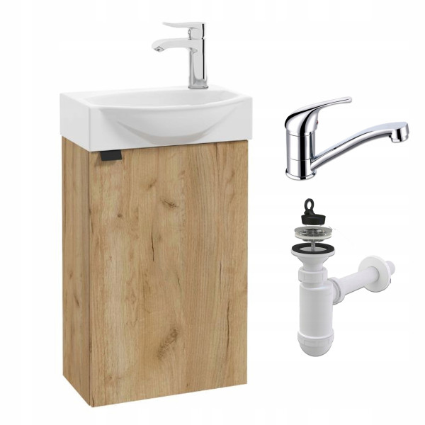 Szafka Łazienkowa 40 cm z Umywalką Wisząca Dąb Craft Złoty Bateria Obrotowa 812409