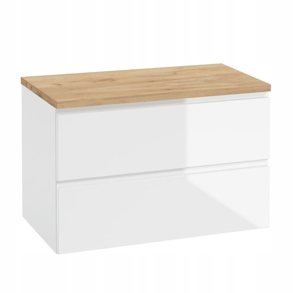 Szafka Łazienkowa Biała Połysk z Blatem Dąb Złoty 80 x 46 x 50 cm SoftClose 436235