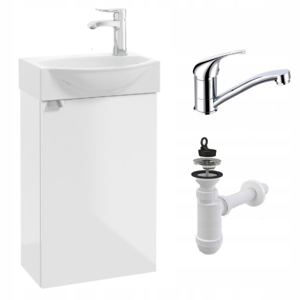 Szafka Łazienkowa Biała Połysk z Umywalką 40 x 30 cm Bateria Obrotowa Syfon 1066241
