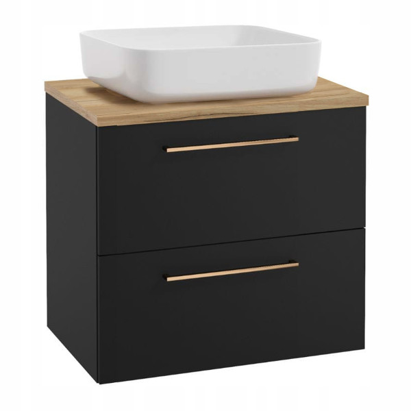 Szafka Łazienkowa Czarna Mat 60 cm z Blatem Dąb Złoty i Umywalką SoftClose 990362