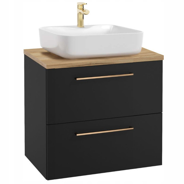 Szafka Łazienkowa Czarna Mat 60 cm z Blatem Dąb Złoty i Umywalką z Otworem 990359