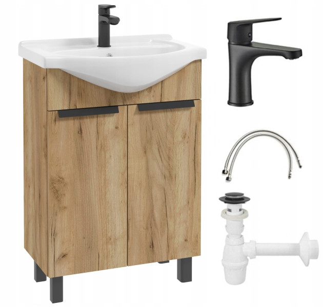Szafka łazienkowa dąb craft 85x60 z umywalką i baterią 408828