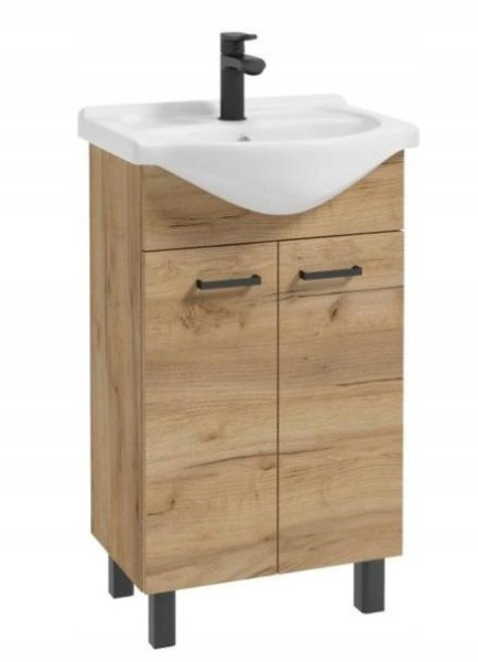 Szafka łazienkowa dąb craft z umywalką 50 + bateria + syfon 408805