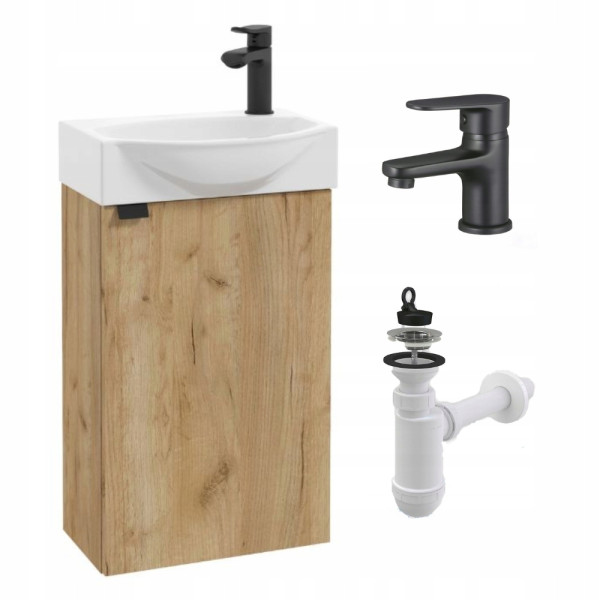 Szafka Łazienkowa Dąb Craft Złoty Mat z Umywalką 40 cm Bateria Czarna Mała 963169