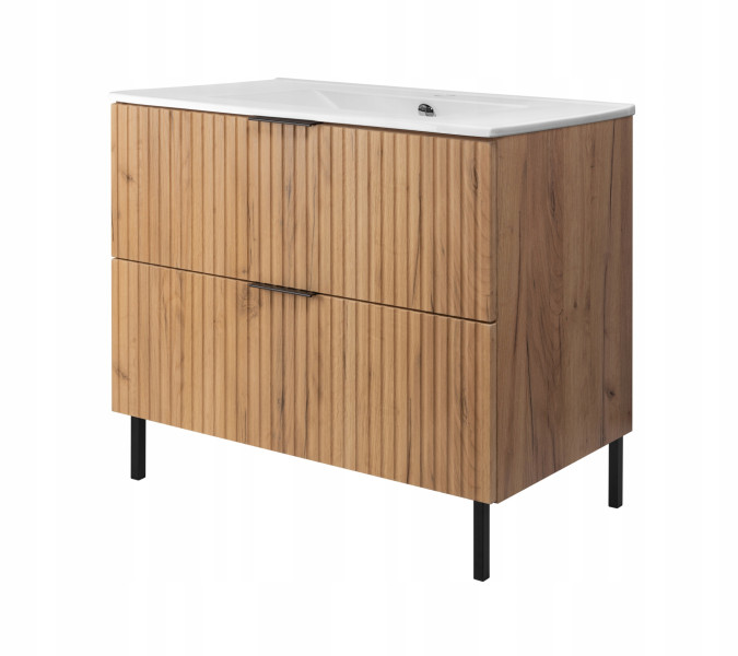 Szafka łazienkowa FLOW 80 cm dąb craft z umywalką i metalowymi nóżkami 717112