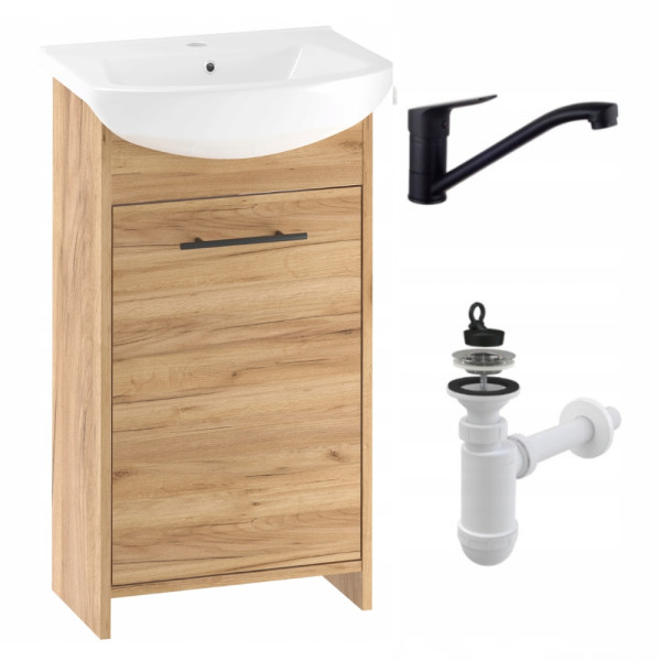 Szafka Łazienkowa Stojąca z Umywalką Dąb Złoty 45 cm Bateria Czarna Syfon 1066246