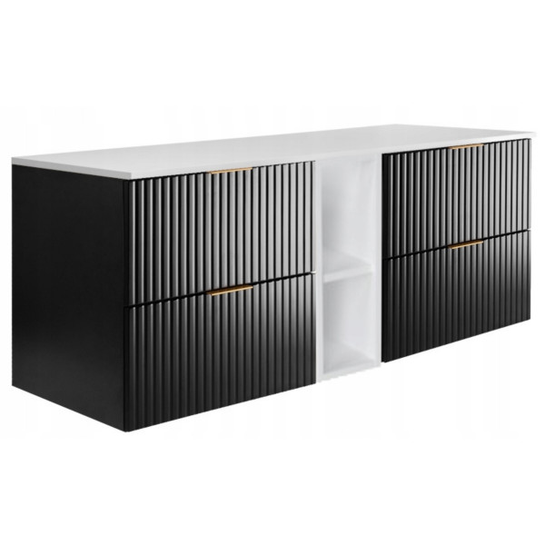 Szafka Łazienkowa Wisząca Czarna Regał Blat Biały 140X46Cm Flisan Ryflowana 1058824