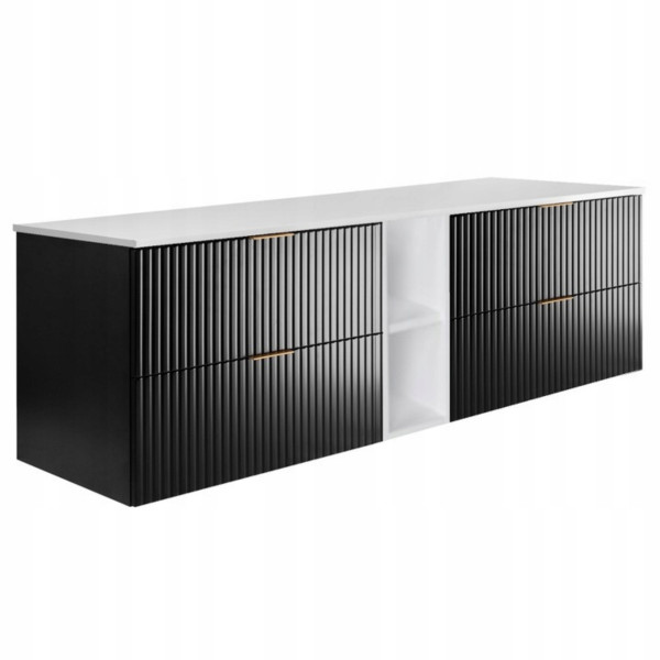 Szafka Łazienkowa Wisząca Czarna Regał Blat Biały 180X46Cm Flisan Ryflowana 1058926