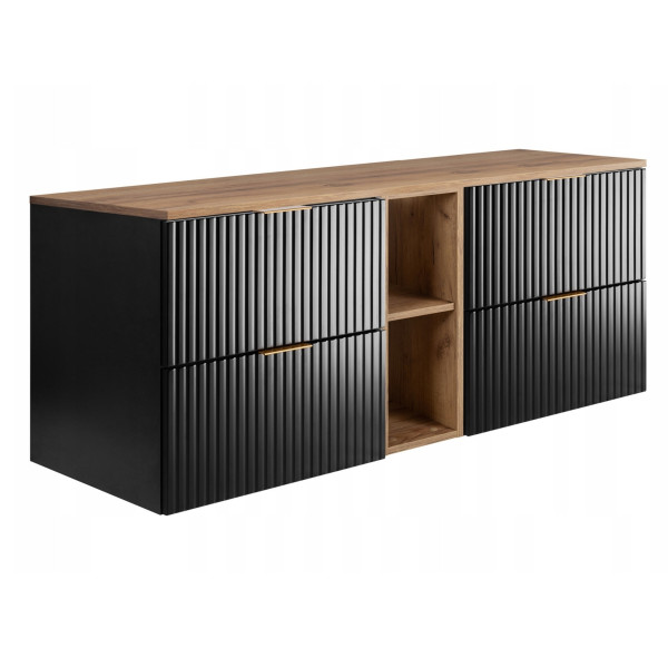 Szafka Łazienkowa Wisząca Czarna Regał Blat Dąb 140X46 Cm Flisan Ryflowana 1058797