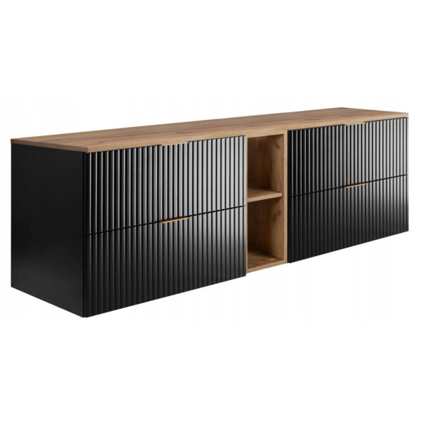 Szafka Łazienkowa Wisząca Czarna Regał Blat Dąb 180X46Cm Flisan Ryflowana 1058754