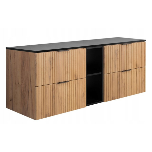 Szafka Łazienkowa Wisząca Dąb Regał Blat Czarny 140X46 Cm Flisan Ryflowana 1058845