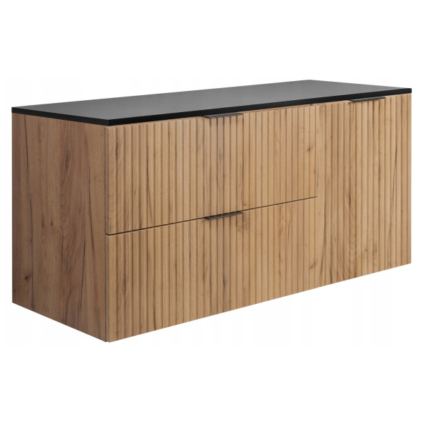 Szafka Łazienkowa Wisząca Dąb Szuflady Drzwi 120X46 Cm Z Czarnym Blatem 1058906