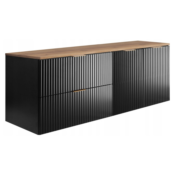 Szafka Łazienkowa Wisząca Szuflady Drzwi Czarna 140X46 Cm Z Dębowym Blatem 1058734