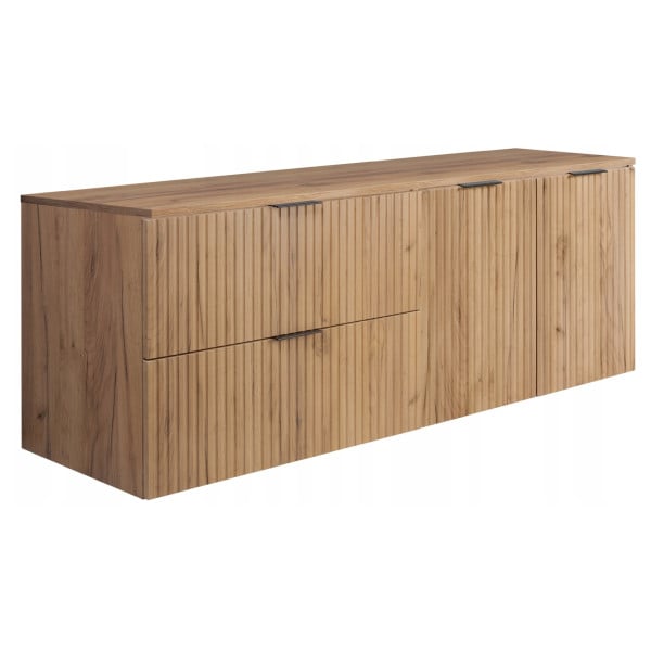 Szafka Łazienkowa Wisząca Szuflady Drzwi Dąb 140X46 Cm Z Dębowym Blatem 1058751
