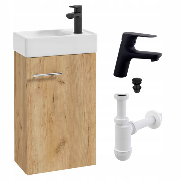 Szafka Łazienkowa Z Umywalką 40 Wisząca Mała Dąb Craft Bateria Czarna 996476