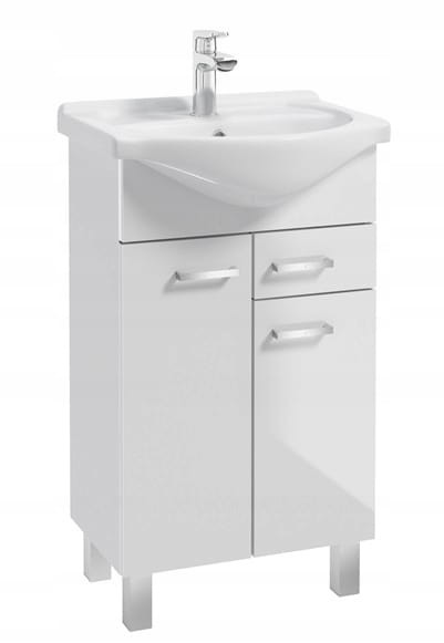 Szafka łazienkowa z umywalką 50 cm, bateria chrom, biały połysk, stojąca 763026