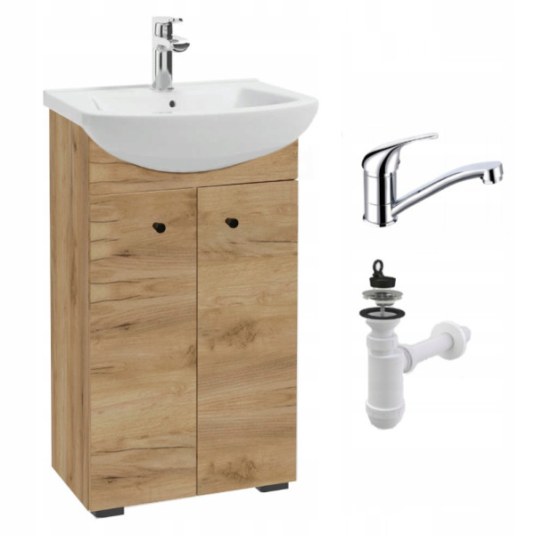 Szafka Łazienkowa z Umywalką 50 cm Dąb Craft Złoty Stojąca Bateria Obrotowa 947025