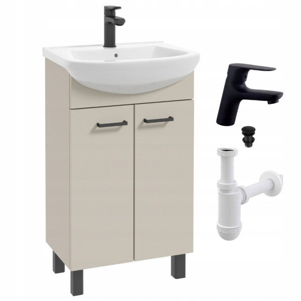 Szafka Łazienkowa z Umywalką 50 cm Kaszmir Beżowy Matowa Bateria Czarna 916903