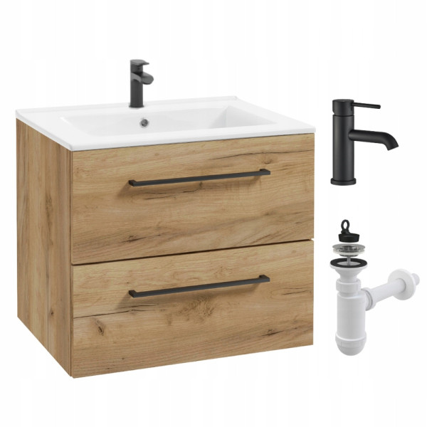 Szafka Łazienkowa z Umywalką 50 Dąb Złoty Soft Close Wisząca Bateria Czarna 963170