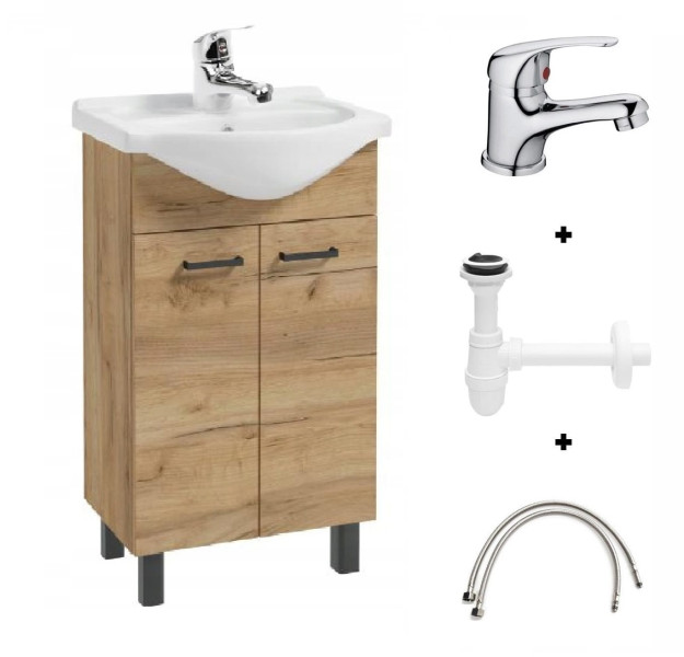 Szafka Łazienkowa z Umywalką 50cm, Dąb Craft, Komplet z Baterią i Syfonem 764267