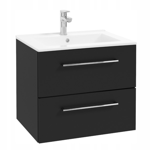 Szafka Łazienkowa z Umywalką 60 cm Czarna Mat Szuflady Bateria Chrom Boczna 937510