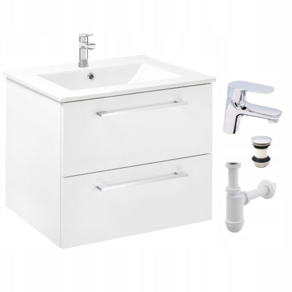 Szafka Łazienkowa z Umywalką 60 x 47 cm Biała Połysk Szuflady Bateria Chrom 947029
