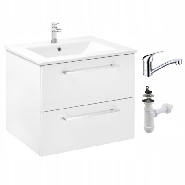 Szafka Łazienkowa z Umywalką 60 x 47 cm Biała Połysk Szuflady Bateria Obrot 947020