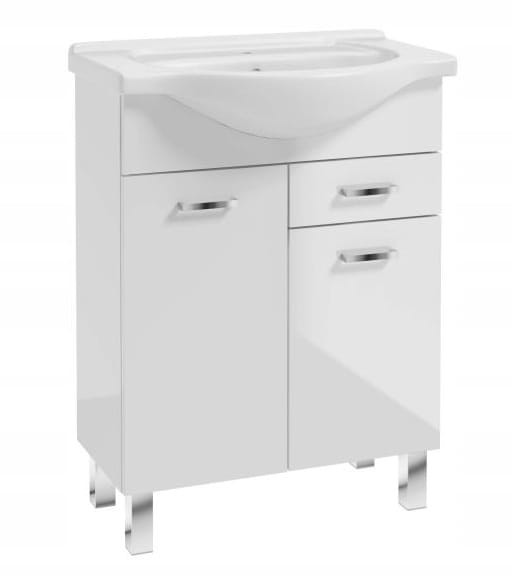 Szafka łazienkowa z umywalką 65 cm, bateria chrom, biały połysk, stojąca 763024