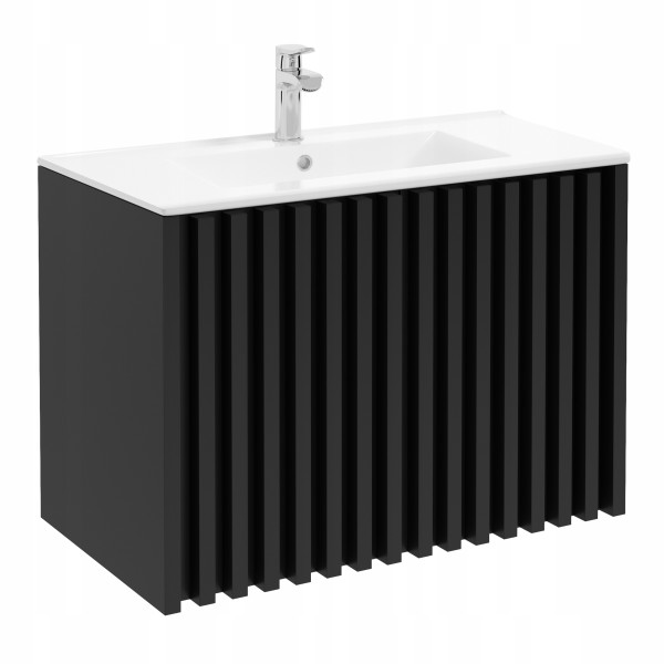 Szafka Łazienkowa z Umywalką 80 cm Czarna Matowa Lamele Wisząca MDF Drzwi 1078995