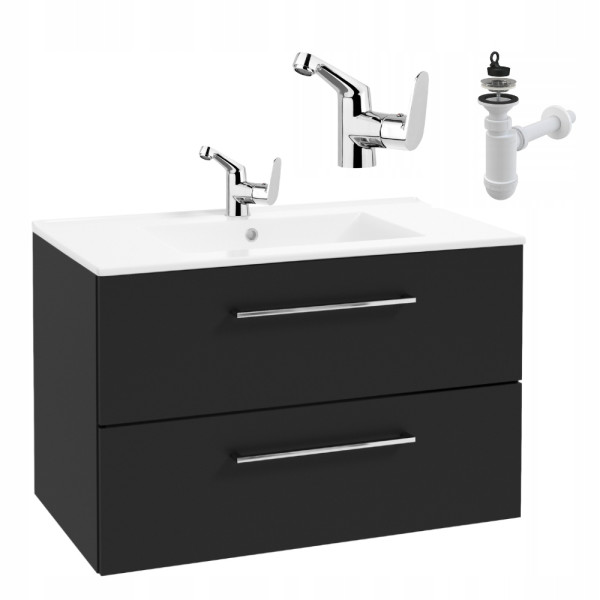 Szafka Łazienkowa z Umywalką 80 x 45 cm Czarny Mat Szuflady Bateria Boczna 954413