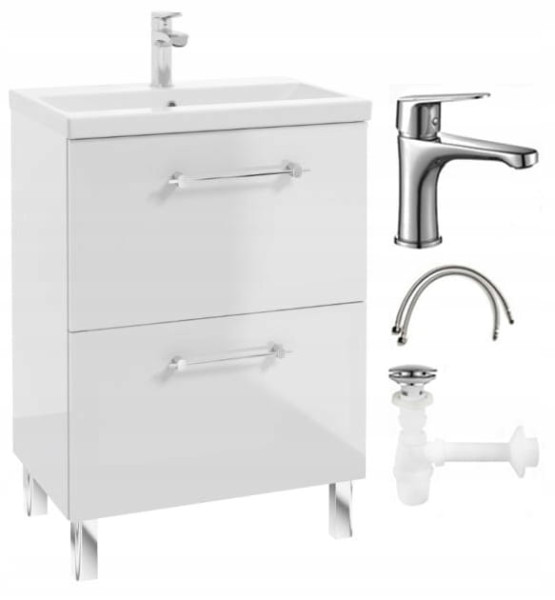 Szafka łazienkowa z umywalką baterią i syfonem 60x80cm Stojąca Biały połysk 678055