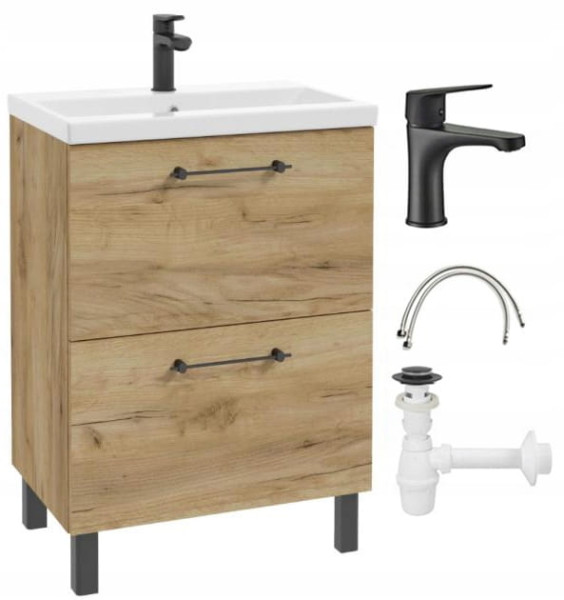 Szafka łazienkowa z umywalką baterią i syfonem 60x80cm Stojąca Dąb Craft 678053