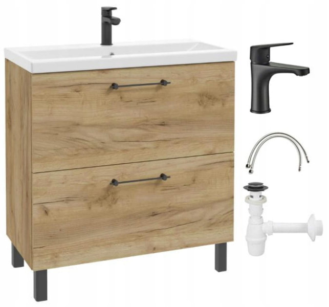 Szafka łazienkowa z umywalką baterią i syfonem 80x80cm Stojąca Dąb Craft 678057