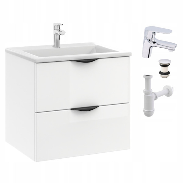 Szafka Łazienkowa z Umywalką Biała Wisząca 50 cm Połysk MDF Bateria Chrom 947023