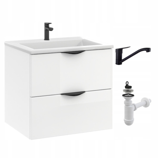 Szafka Łazienkowa z Umywalką Biała Wisząca 50 cm Połysk MDF Bateria Czarna 947032