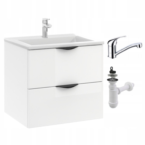 Szafka Łazienkowa z Umywalką Biała Wisząca 50 cm Połysk MDF Bateria Obrot 947024
