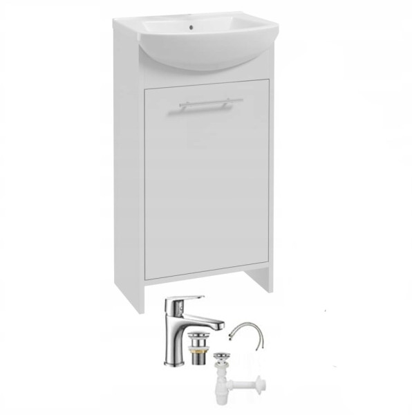 Szafka łazienkowa z umywalką biała z baterią chrom i syfonem 84x45cm 923563
